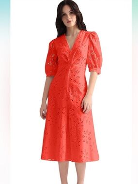 Maggy London V Neck Twisted Front Eyelet MIDI Dress